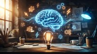 Glowing blue brain hologram with lightbulb on wooden desk surrounded by floating gears and symbols representing innovation, creativity and artificial intelligence.