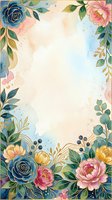 Watercolor floral frame with roses, peonies, and gold accents on soft pastel background, perfect for wedding invitations and greeting cards.