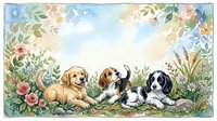 Adorable puppies playing in watercolor flower garden with roses and botanical elements. Cute baby dogs in spring meadow for greeting cards and nursery decor.