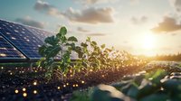 Solar panels on agricultural field at sunset with young green plants growing in foreground, demonstrating sustainable farming and renewable energy concept.