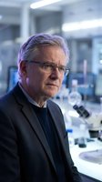 Senior male scientist with gray hair and glasses wearing dark blazer in modern laboratory setting with microscopes and equipment visible in background.