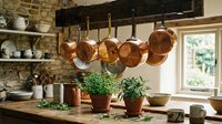 Rustic kitchen interior with copper pots hanging from wooden rack, stone wall, herbs in terracotta pots on wooden counter for home decor and cooking.