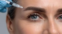 Cosmetic injection procedure for eyebrow enhancement, close-up of female face receiving beauty treatment with syringe held by gloved hand.