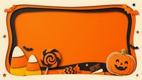 Isolated Halloween frame with pumpkin, candy corn, lollipop, and bat decorations on orange background. Perfect for seasonal greeting cards, invitations, and festive design projects.