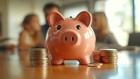 Pink ceramic piggy bank with stacks of coins on wooden table, symbolizing savings, financial planning and money management in blurred office background.