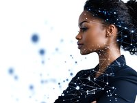 Young African American woman in profile with digital network overlay and glowing dots, representing artificial intelligence and technology advancement.