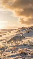 Arctic fox walking through snowy landscape during golden hour sunset with dramatic cloudy sky and rolling hills in remote wilderness habitat.