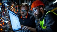 Industrial engineers analyzing data on laptop while sparks fly from machinery in background. Manufacturing specialists in protective gear monitoring production process.