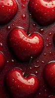 Fresh red cherries with water droplets on dark surface creating romantic mood for food photography and culinary designs.