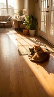 Orange tabby cat relaxing on wooden floor in sunlit living room with houseplants and cozy furniture creating warm domestic atmosphere.