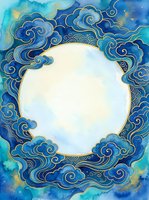 Watercolor Chinese style frame with blue clouds and gold outlines surrounding a round white copy space for text or design.