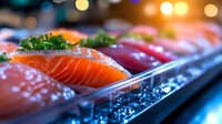Fresh salmon and tuna nigiri sushi pieces arranged on ice with garnish, vibrant colors and selective focus create appetizing Japanese cuisine presentation.