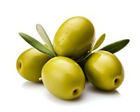 Fresh green olives with leaves isolated on white background for Mediterranean cuisine and healthy cooking recipes.