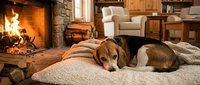 Beagle dog resting on a cozy blanket by a warm fireplace in a rustic living room, evoking comfort and relaxation at home.