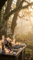 Mystical altar setup with burning candles, crystals, sage smoke and ritual tools on wooden table in enchanted forest during golden hour for spiritual ceremonies.