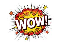 Comic book style WOW explosion burst with colorful stars and radiating lines on white background for pop art designs and promotional materials.