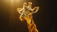 Majestic giraffe portrait with golden sunlight creating dramatic backlighting effect against dark background for wildlife photography and nature content.