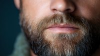 Close up of masculine face fragment showing well-groomed brown beard and lips against dark background, partial view focused on lower part of male face.