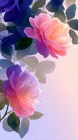 Delicate pink roses with dewdrops against purple-blue gradient background, soft petals and dark green leaves create dreamy floral composition for romantic designs.