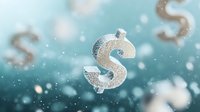 Glittering silver dollar symbol floating in dreamy blue bokeh background with sparkles and light effects, representing wealth, finance and prosperity.