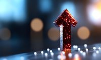 Red glittering arrow pointing upward against blurred bokeh background symbolizes growth, success, and positive business direction in modern corporate setting.