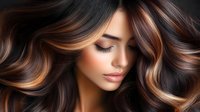 Young woman with flowing caramel balayage hair highlights and natural makeup in profile view, showing professional hair coloring and styling technique for beauty salon promotion.