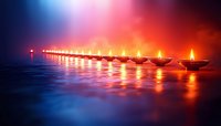 Row of glowing oil lamps or diyas with golden flames creating reflection on dark surface against dramatic red and blue background, traditional festive lighting.