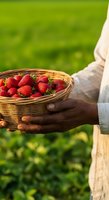 Fresh ripe strawberries in wicker basket held by farmer in field. Organic fruit harvesting, agriculture, and farm-to-table produce concept for food and farming industry use.