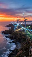 Wind turbines on coastal cliff with glowing energy trails at sunset showcasing renewable power generation and sustainable technology innovation.