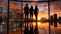 Silhouettes of three business professionals standing at panoramic window overlooking dramatic city sunset skyline with orange clouds reflected in glossy floor.