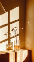 Sunlight through window casting geometric shadows on wall with dried flowers in glass vase. Minimalist home interior with warm golden hour lighting.
