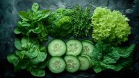 Fresh green vegetables and herbs arranged on dark slate surface including lettuce, cucumber slices, basil and dill for healthy cooking and nutrition.