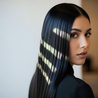 Young Hispanic woman with sleek straight black hair featuring metallic gold highlights in geometric pattern, professional beauty portrait for salon marketing.