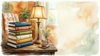 Stack of books with lamp and plants on wooden table by window, watercolor style illustration for home decor and interior design projects.