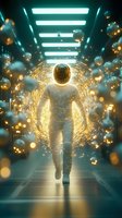Glowing figure walking through futuristic corridor with floating golden particles and light effects. Mystical atmosphere with bokeh and illuminated ceiling creates sci-fi mood.
