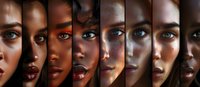 Close up portraits showing diverse skin tones and facial features in artistic vertical strips arrangement, highlighting natural beauty and human diversity in modern photography.