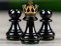 Black chess pawn wearing golden crown standing in front of other pawns, symbolizing leadership transformation, success and achievement in business strategy.