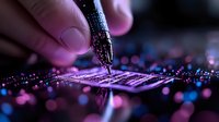 Macro shot of electronic circuit board repair with soldering iron tip in purple and blue bokeh lighting, showing precision electronics maintenance work process.