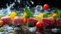 Fresh tuna sashimi with citrus, cherry tomatoes and herbs in water splash on dark background, luxury restaurant menu photography for fine dining concept.