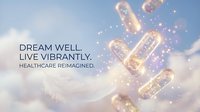 Dream well, live vibrantly. Healthcare reimagined with glowing capsules floating among clouds and sparkling particles for wellness and medical concepts.