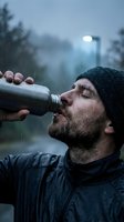 Adult male with beard wearing black beanie and dark jacket drinking from bottle in rainy weather. Street lamp and blurred trees in background. Suitable for lifestyle, addiction awareness, and weather-related content.