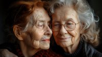 Two elderly women with gray hair embracing, sharing a tender moment against dark background, showcasing friendship and emotional connection in senior years.