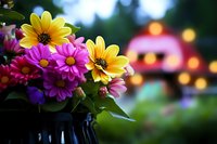 Vibrant yellow and pink daisies in garden setting with soft bokeh lights and blurred festive background creating magical summer evening atmosphere.