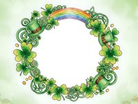 Decorative circular frame with green shamrocks, rainbow and ornate swirls for St. Patrick's Day greeting cards, invitations and festive designs.