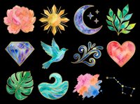 Watercolor clipart set with flower, sun, moon, diamond, bird, heart, leaf, wave and stars, isolated on transparent background, ready for stickers, T-shirts, and print on demand.