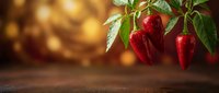 Fresh red chili peppers hanging from green plant branch on wooden surface with warm golden bokeh background for culinary and cooking themes.