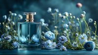 Elegant perfume bottle surrounded by delicate blue ranunculus and white wildflowers on dark background, luxury cosmetic product photography.