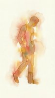 Watercolor silhouette of contemplative man in warm tones on textured paper background for artistic projects and wellness content.