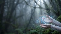 Mystical hands holding glowing energy orb in enchanted forest with ethereal light rays and moss-covered trees creating magical atmosphere for fantasy concepts.