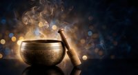 Tibetan singing bowl with wooden mallet creating mystical atmosphere with golden smoke and bokeh lights for meditation and spiritual healing practices.